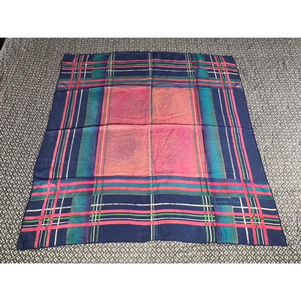 Christian Dior Silk Scarf Navy Blue Pink Teal Plaid Grid Large Square Vintage